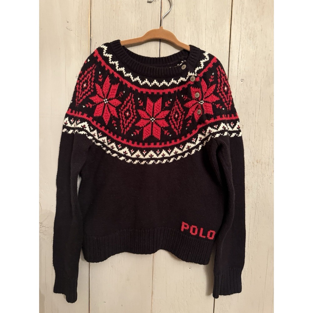 Polo Ralph Lauren Girls Black Red Let it Snow Cotton Sweater Size 7 Sm $ 145